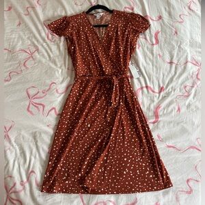 Nine West Rust Midi Wrap Dress with White Dot Print